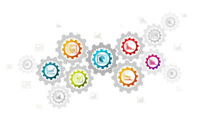 Statistics concept illustration with icons and gear