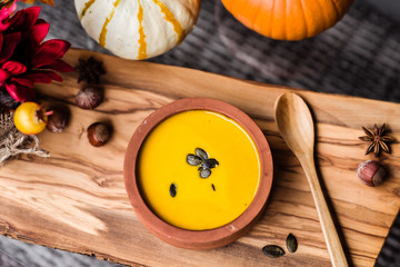 Autumn, pumpkin soup, autumn meal, hot chocolate