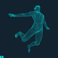 Silhouette of a Jumping Man. 3D Model of Man. Geometric Design. Polygonal Covering Skin. Human Body Wire Model. Vector Illustration.