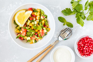 salad tabbouleh, rustic concrete background