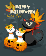 Happy Halloween vector greeting card with halloween monsters