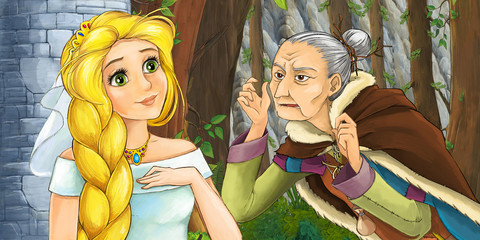 Plakat cartoon scene with princess and witch in the forest near the castle tower - illustration for children