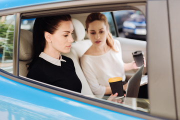 Hard working nice businesswomen working in the car