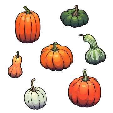 Collection of pumpkins, gourds different types, colors, shapes and sizes. Vector isolated decoration set for halloween, thanksgiving day