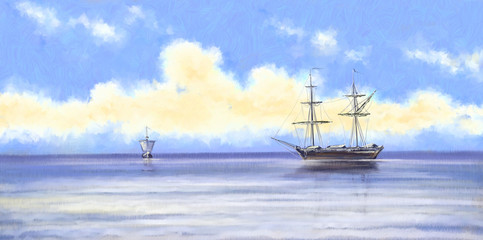 Fototapeta na wymiar Oil paintings landscape,sea, ships, boat