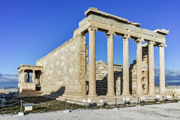 Obraz premium The Porch of the Caryatids in The Erechtheion an ancient Greek temple on the north side of the Acropolis of Athens, Attica, Greece