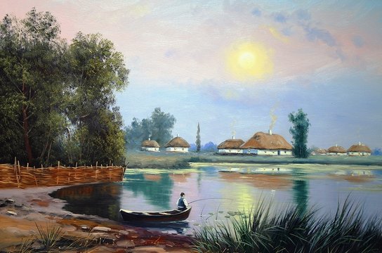 Oil paintings landscape, river, village