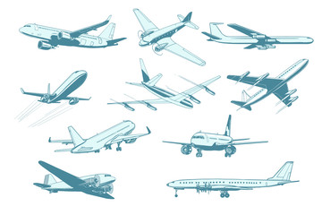 set aircraft air transport isolate on white background