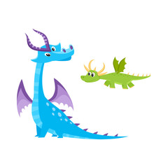 vector flat cartoon funny blue, marine adult, mature with horns and wings sitting and green kid dragon set. Isolated illustration on a white background. Fairy cute creature character for your design
