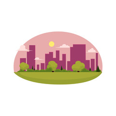 vector flat cartoon green city concept. Isolated illustration on a white background. city without plants and factories, sustainable development. The place with a lot of green trees, grass, clear sky