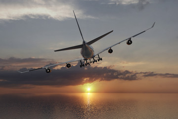 Fototapeta na wymiar Urlaubsbeginn mit Sonnenaufgang. Gestartetes Passagierflugzeug das dem Sonnenaufgang entgegen fliegt. 3D Komposition