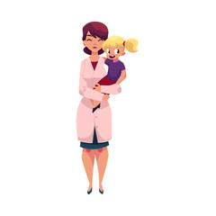 Woman doctor, pediatrician holding little girl, child in her arms, cartoon vector illustration isolated on white background. Cartoon style doctor, pediatrician holding little girl with ponytails