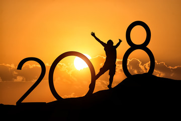 Silhouette person jumping over 2018 on the hill at sunset - obrazy, fototapety, plakaty
