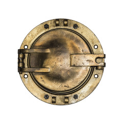 Fototapeta premium Round golden boat porthole window isolated on white.