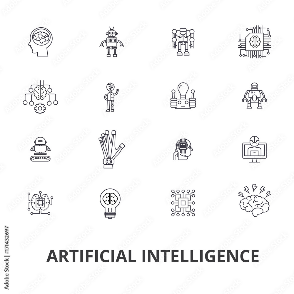 Poster artificial intelligence, robot, computer brain, technic, cyborg, brain, android line icons. editable