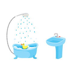 Naklejka premium vector flat cartoon ceramic washbasin or sink with metal mixer faucet, bathtube with shower set. Isolated illustration on a white background. Daily routine activities and objects concept