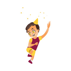 vector flat cartoon boy child dancing alone in party hat throwing confetti smiling. Little dancer male character. Isolated illustration on a white background. Kids party concept