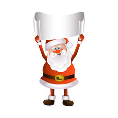 vector cartoon Santa Claus standing in red white clothing and hat keeping blank white paper with free space for a text. Illustration isolated on a white background. Christmas ,new year poster design