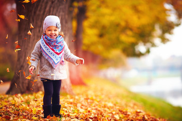 adorable happy girl playing with fallen leaves in autumn park
