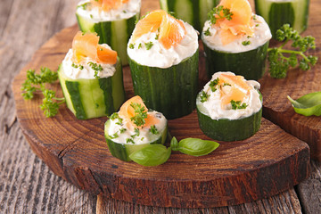 appetizer, cucumber,cheese and salmon