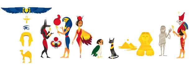 Big set of ancient Egypt idols, symbols, landmarks and characters, flat cartoon vector illustration isolated on white background. Set of flat Egypt, Egyptian symbols, concepts, idols and characters