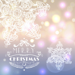 Fototapeta na wymiar Christmas card with snowflakes on bokeh background