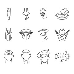 Symptoms of cold and common diseases / Line set of icons of cold symptoms
