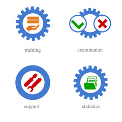Concept of icons about automation of training / Solid fill vector icons set about training, examination, support and statistics
