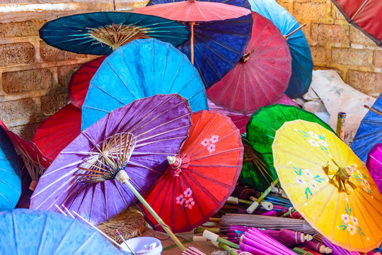 View of colorful parasols outdoors