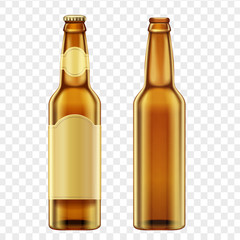 Realistic golden brown bottles of beer on alpha transperant background. Vector illustration.