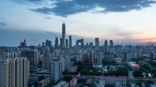 Timelapse of downtown cityscape from day to night,Beijing,China.