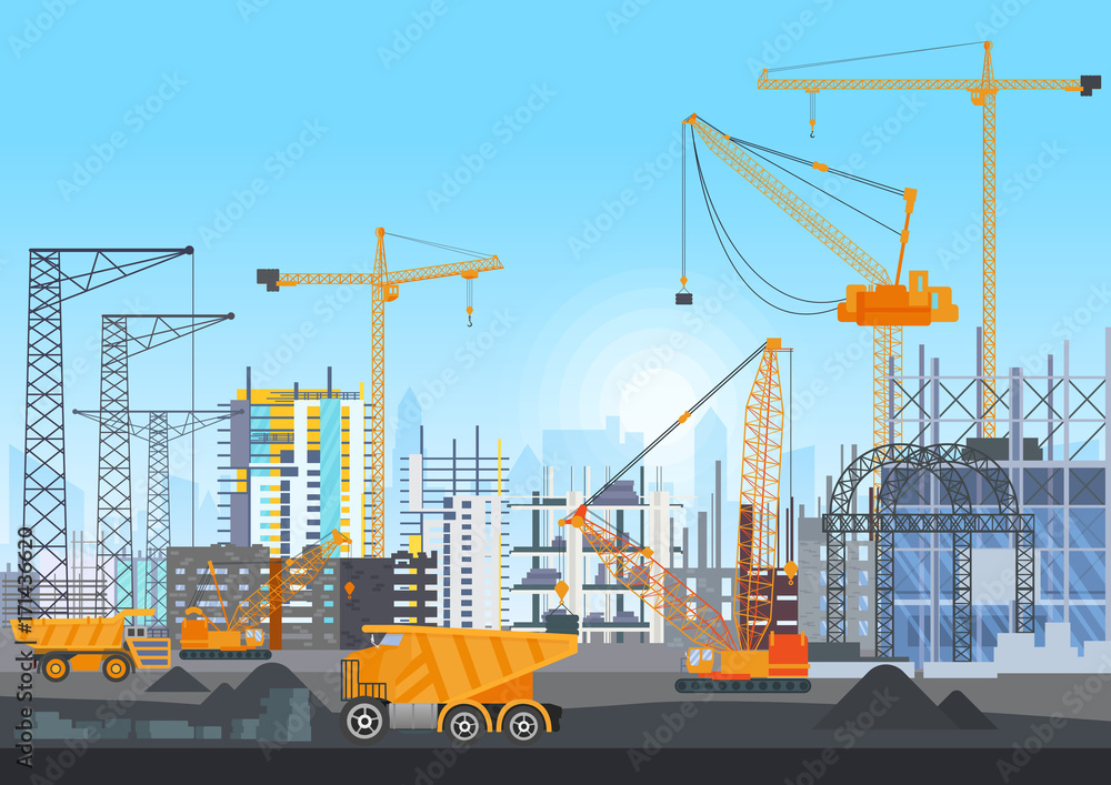 Poster building city under construction website with tower cranes. building work process with houses and co