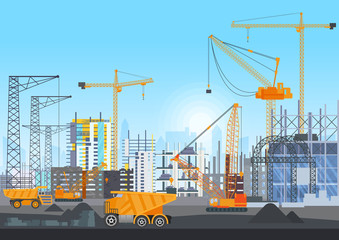 Building city under construction website with tower cranes. Building work process with houses and construction machines. Vector illustration.