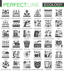 Ecology technology classic black mini concept symbols. Eco renewable energy modern icon pictogram vector illustrations set.