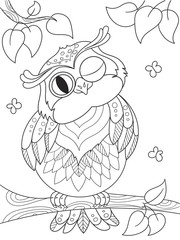 Fototapeta premium Cartoon coloring book. Funny owl on the tree. Black lines, white background