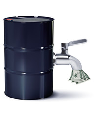 Dollars flowing from oil Barrels through the tap, isolated on white