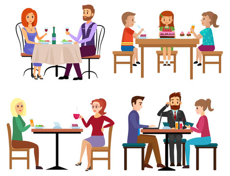 Eating people set. Couple friends family children and businessman sitting in restaurant cafe or bar isolated. Cartoon vector illustration.