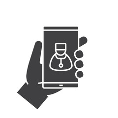 Family doctor. Hand holding smartphone glyph icon