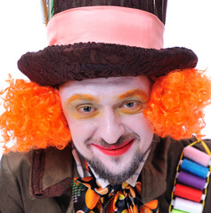 Mad hatter's different facial emotions. Close-up portrait of smiling and fooling around animator in...