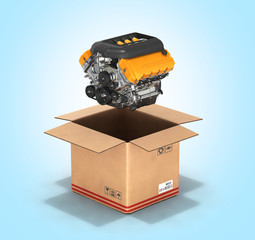 Engine with a cardboard box Concept of sale and delivery of auto parts without shadow on blue gradient background 3d