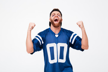 Screaming man fan in blue t-shirt
