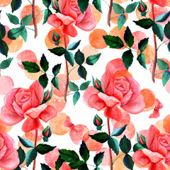 Seamless pattern with watercolor red roses and butterflies