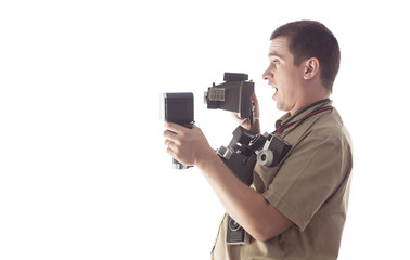 Fototapeta premium surprised man taking photos with white background