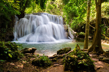 Beautiful waterfall in the national park forest at Huai Mae Khamin Waterfall, Kanchanaburi Thailand