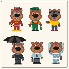 Set funny Teddy Bear in different clothing: sportsman, worker, manager, summer, autumn, sleepwear. Collection isolated Teddy Bears in clothing in cartoon style.