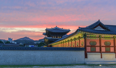 Sunset over the Gyeongbokgung palace in Seoul,korea