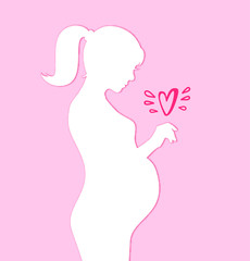 Beautiful pregnant woman silhouette. New born with love. Vector cartoon illustration on rose background