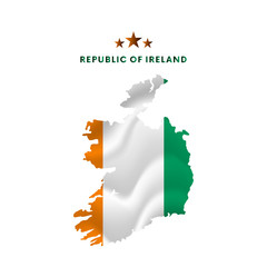 Republic of Ireland map with waving flag. Vector illustration.