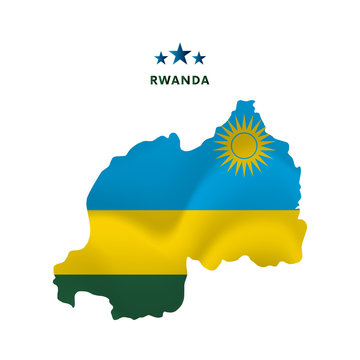 Rwanda map with waving flag. Vector illustration.