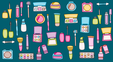 Makeup products cartoon doodle. Cute background concept for beauty greeting card,  decoration, advertisement, banner, flyer, brochure. Hand drawn vector illustration. 